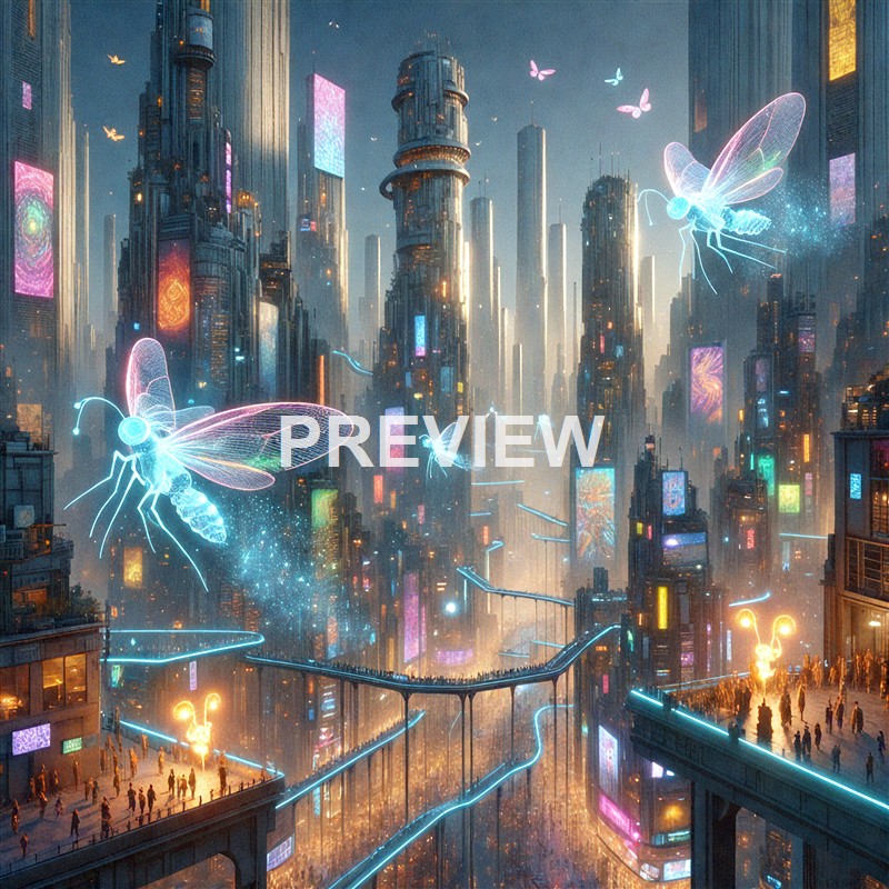 The image depicts a futuristic cityscape with towering skyscrapers adorned with vibrant, glowing digital billboards, and large, luminous insects flying among the buildings, emitting a soft blue and pink glow.